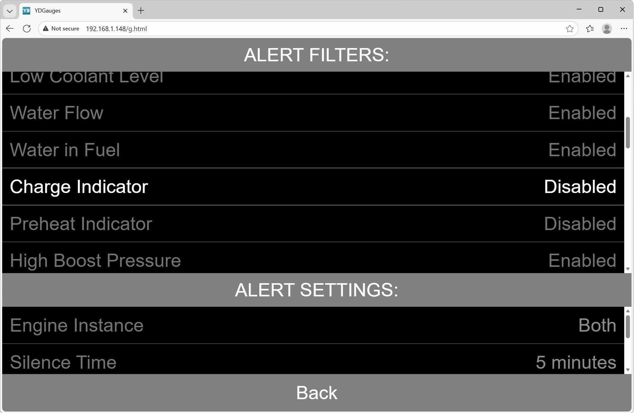 Engine alert settings