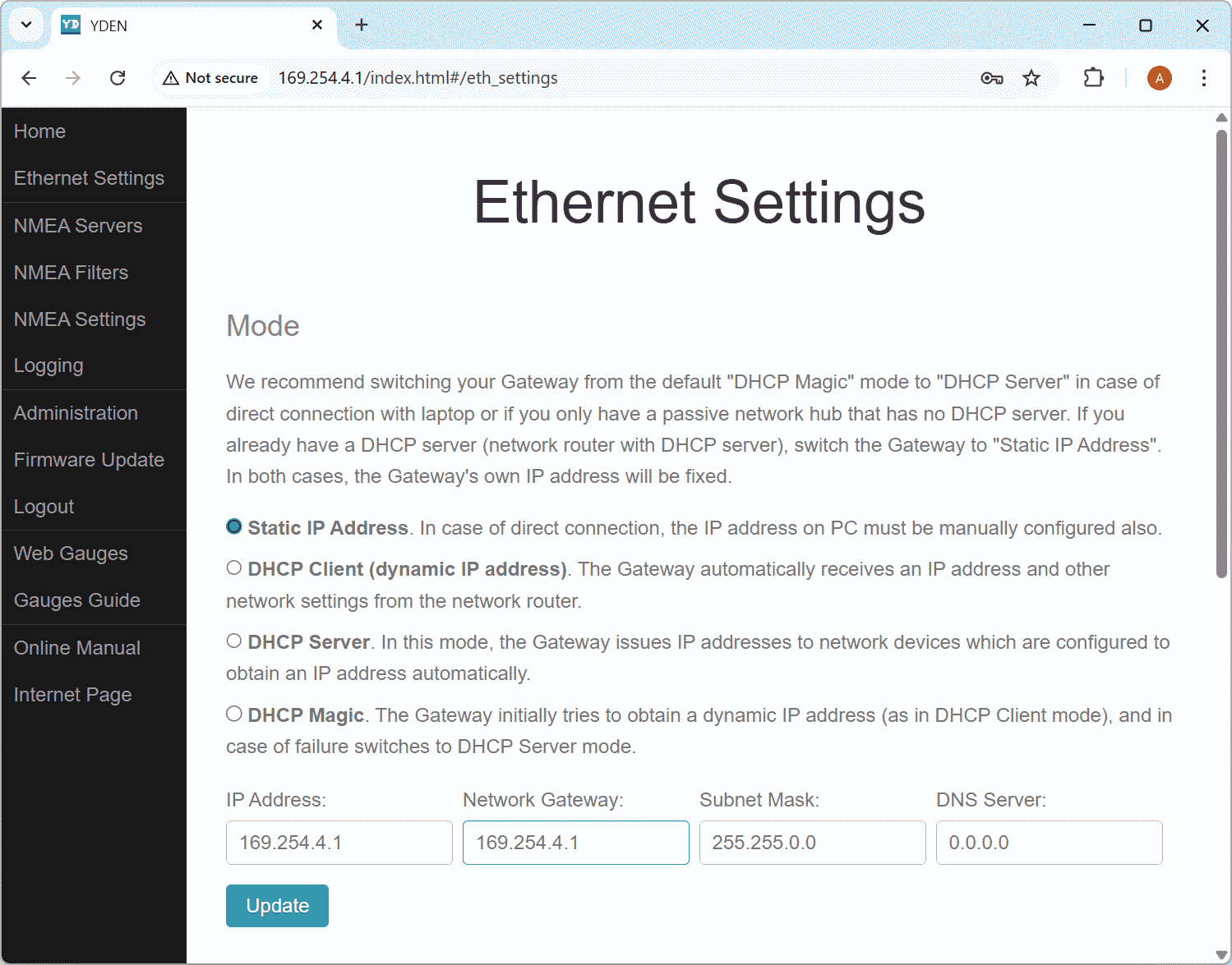 Ethernet Gateway network settings