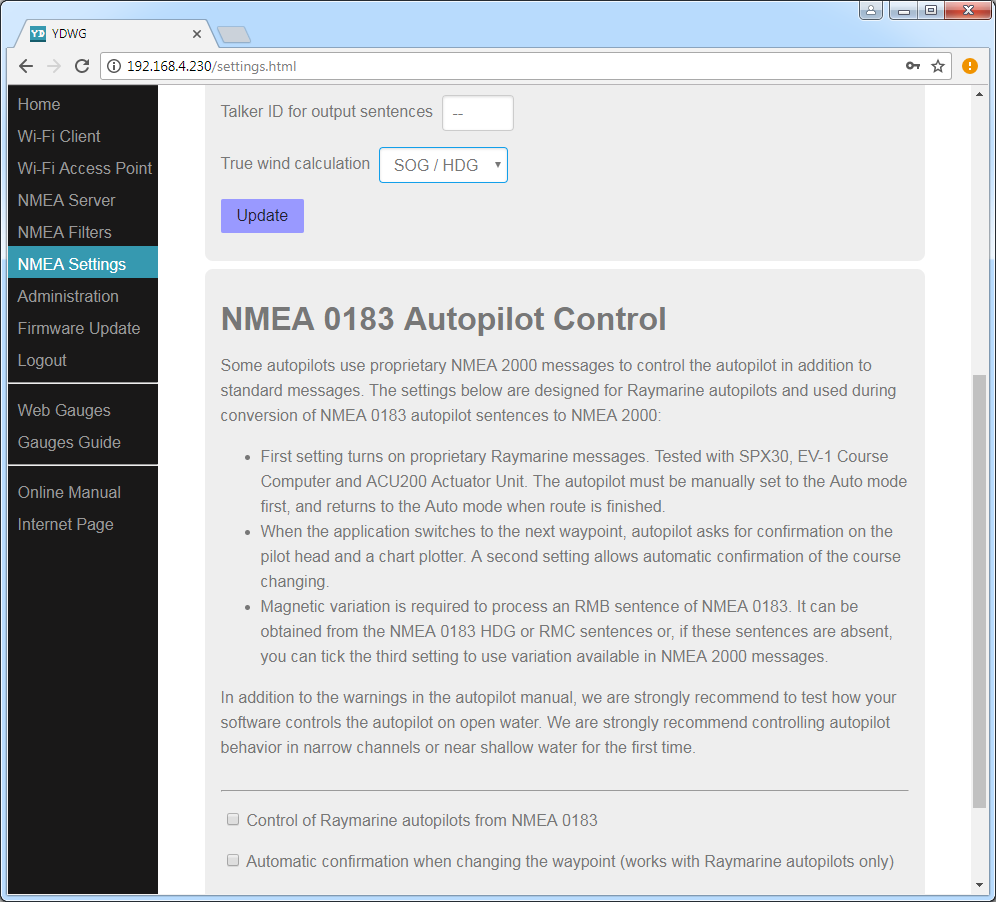 Allows to control Raymarine SeaTalk NG autopilots from NMEA 0183