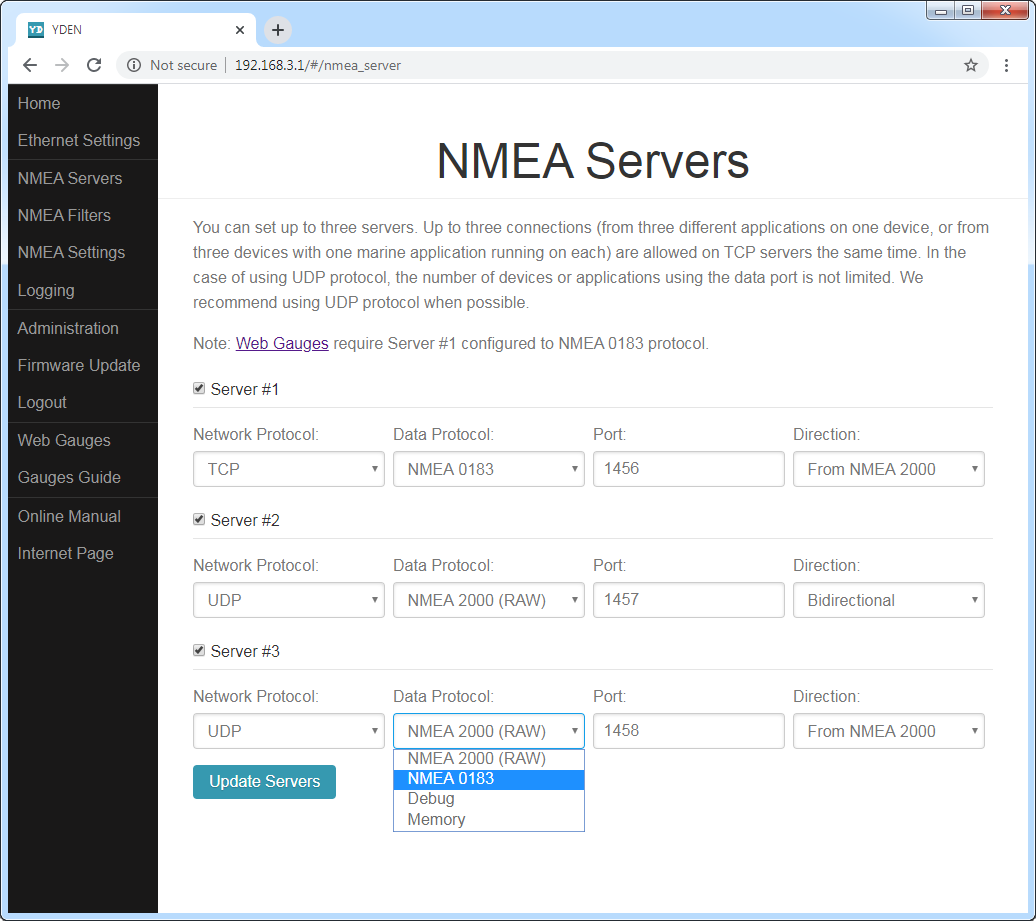 NMEA data servers (TCP or UDP network protocols; NMEA 0183, NMEA 2000 (RAW), Memory or Debug data protocols)